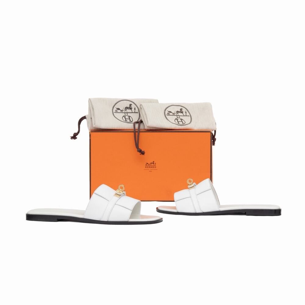 $1,450 HERMÈS Giulia Kelly Buckle White Calfskin Leather Sandals EU 40 US 9.5
